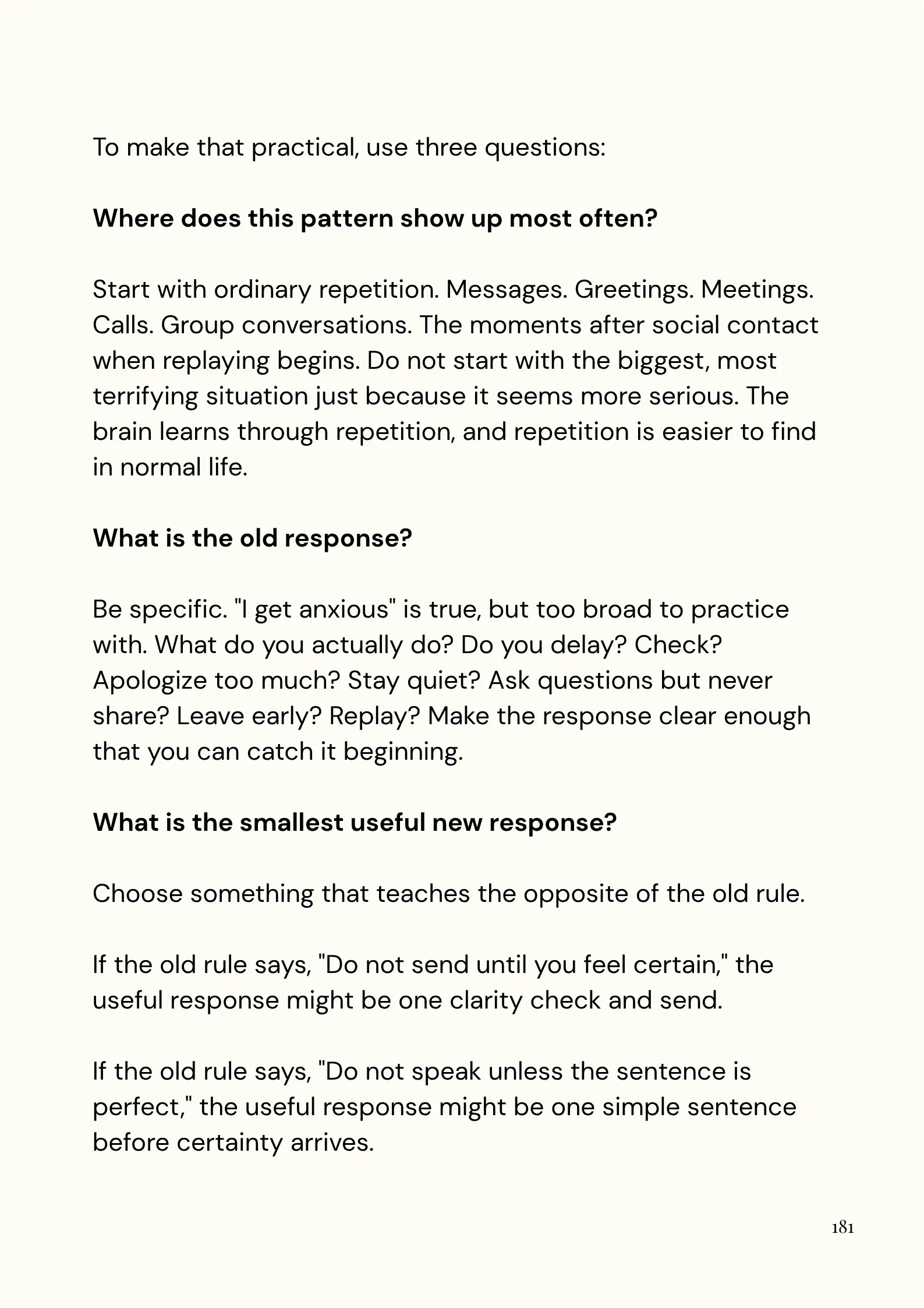 Page 181 of Understanding Social Anxiety, with three questions for choosing a small response to practice
