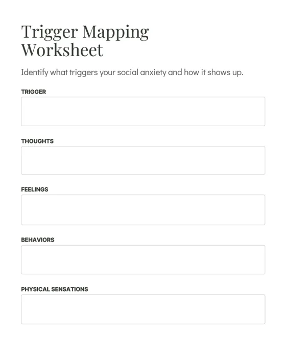 Preview of the included Trigger Mapping Worksheet, with spaces for the trigger, thoughts, feelings, behaviors and physical sensations